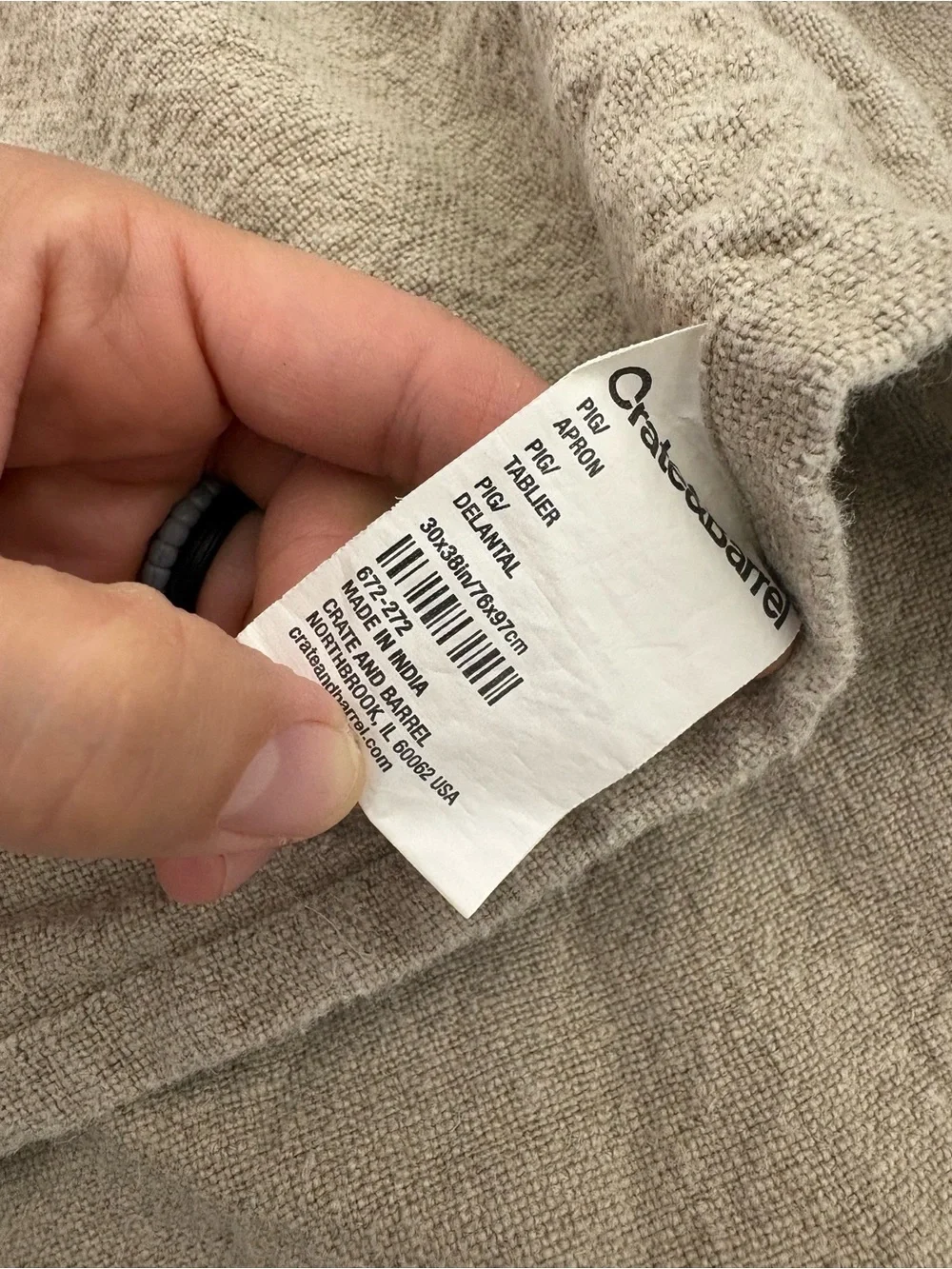 Crate and Barrel Beige Linen Apron with Navy Pig Graphic
